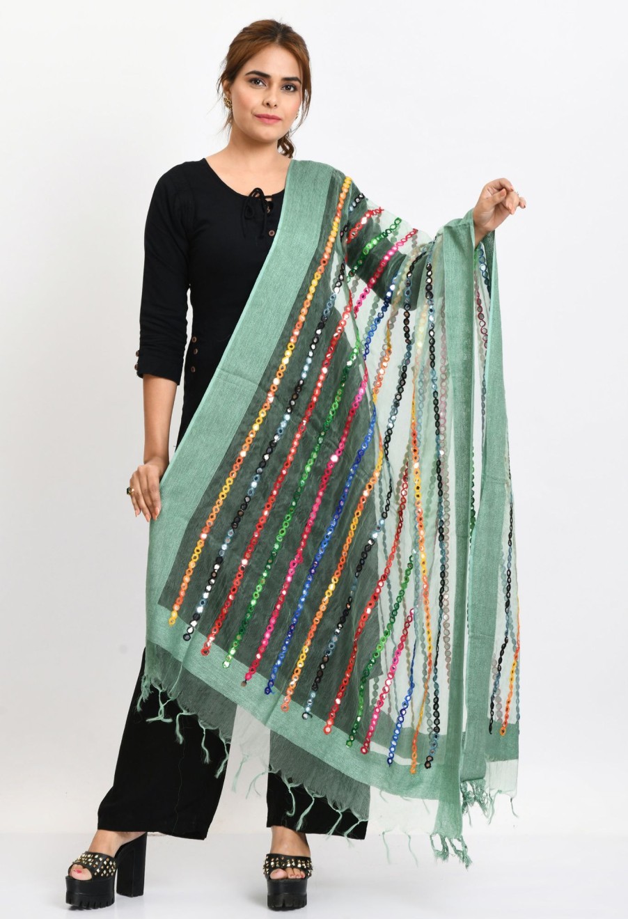 Women Moeza | Women'S Orgenza Multi Thread Mirror Work Pista Dupatta - Moeza Green