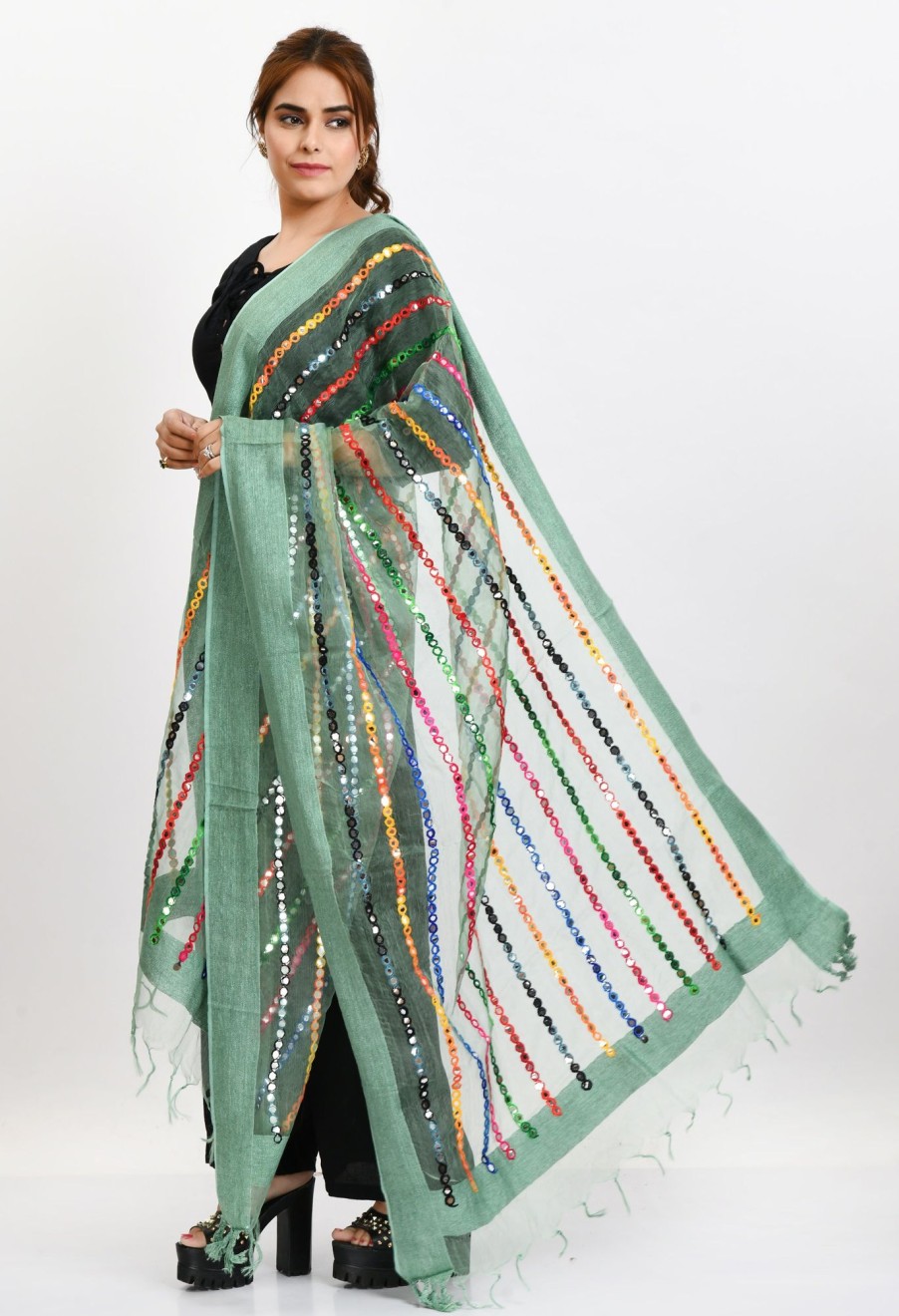 Women Moeza | Women'S Orgenza Multi Thread Mirror Work Pista Dupatta - Moeza Green