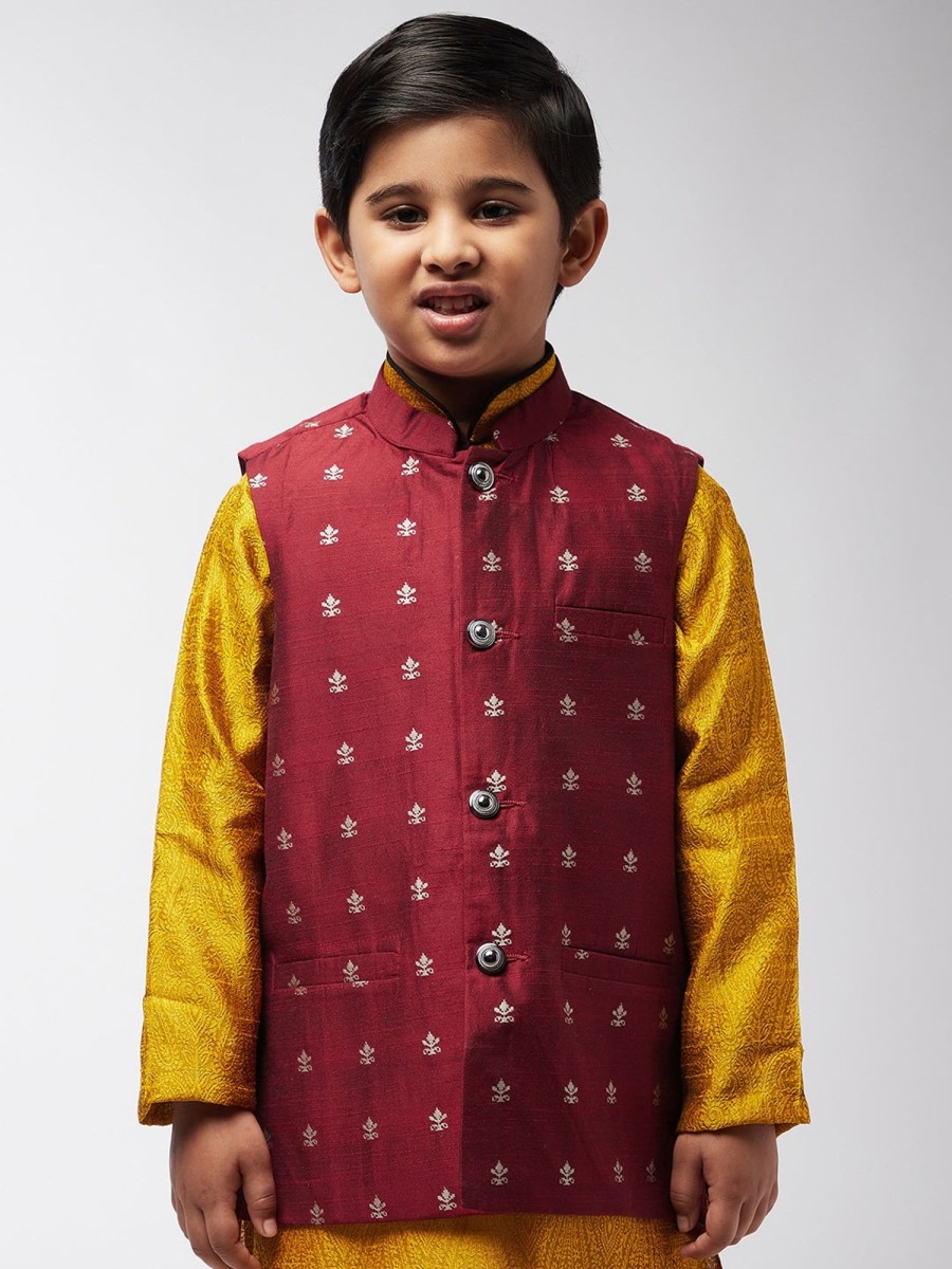 Men Sojanya KID | Kid'S Cotton Blend Maroon Self Design Only Nehru Jacket - Sojanya Kid Maroon & Silver