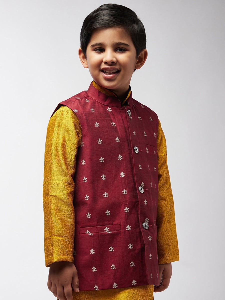 Men Sojanya KID | Kid'S Cotton Blend Maroon Self Design Only Nehru Jacket - Sojanya Kid Maroon & Silver