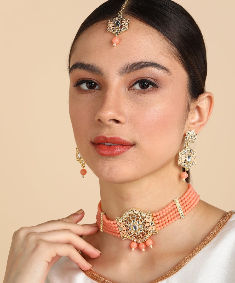 Jewellery Zaffre Collections | Women'S/Girl'S Choker Set With Maang Tikka And Meena - Zaffre Collections Peach