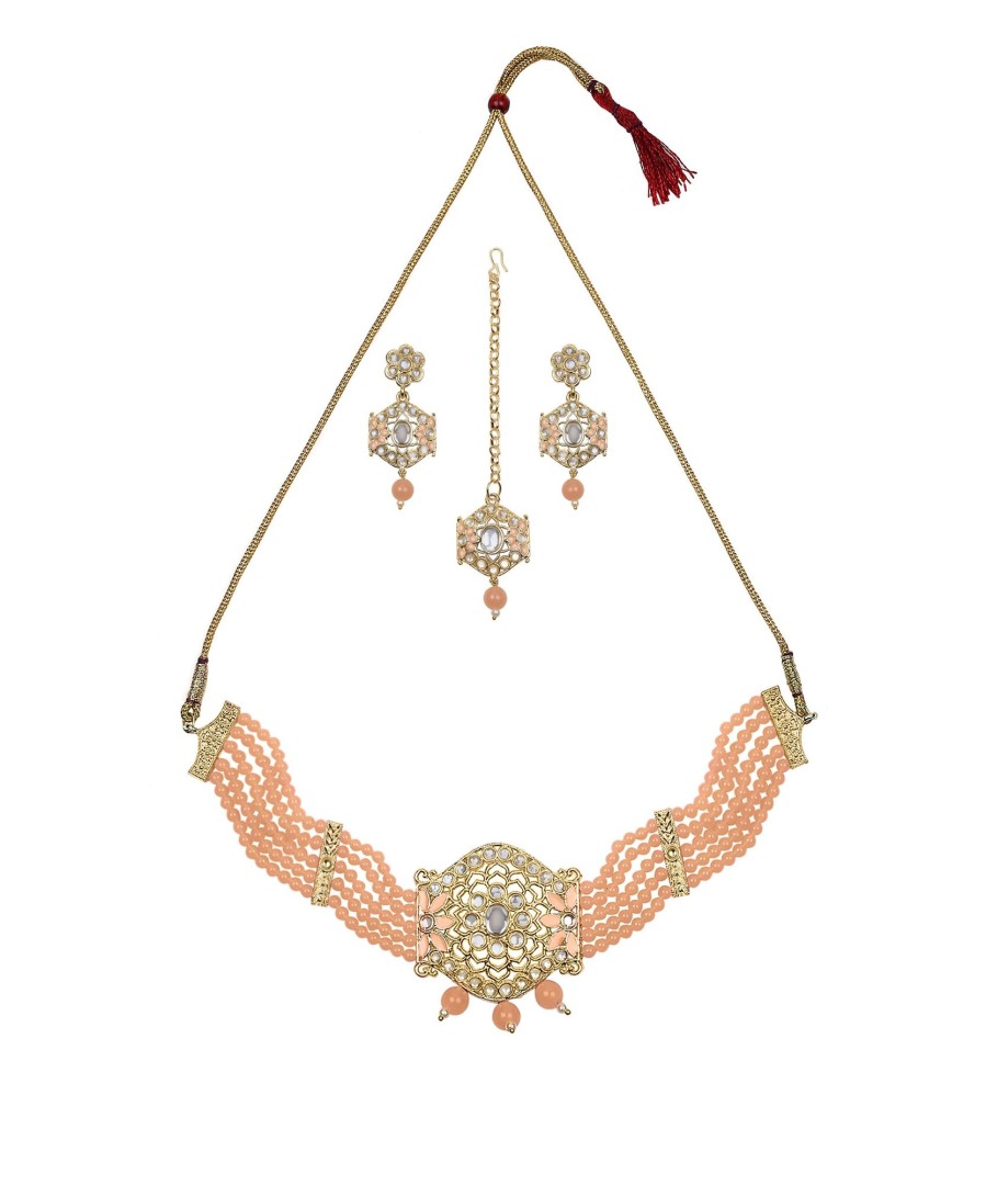 Jewellery Zaffre Collections | Women'S/Girl'S Choker Set With Maang Tikka And Meena - Zaffre Collections Peach