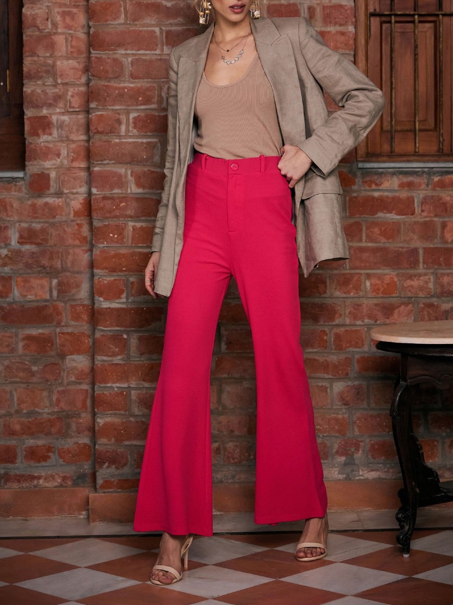 Women SASSAFRAS | Women'S Fuchsia Bell Bottom Knitted Pants - Sassafras Fuschia