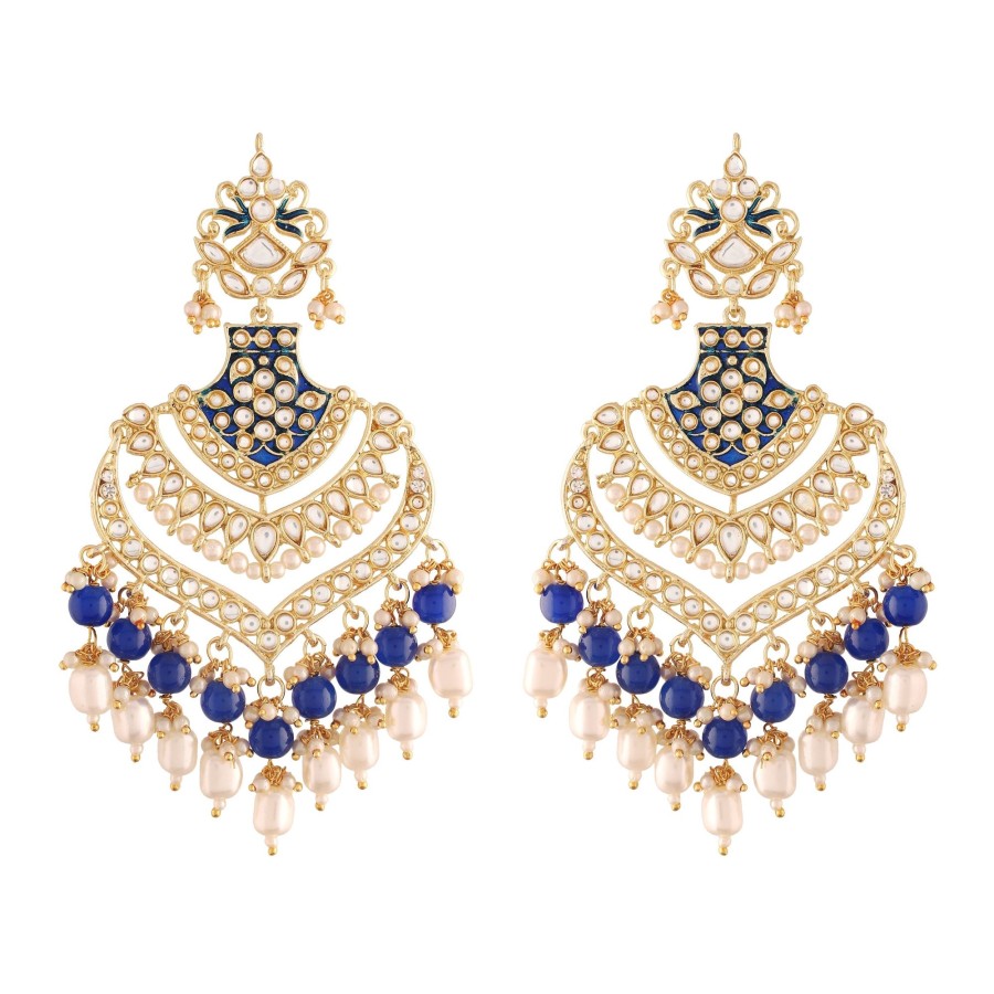 Jewellery I Jewels | Women'S Gold Plated Long Earrings Enamel Glided With Kundans U0026 Pearls - I Jewels Blue