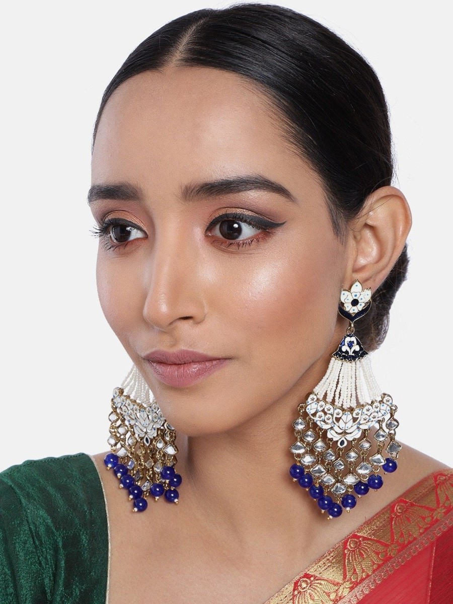 Jewellery I Jewels | Women'S Gold Plated Ethnic Meenakri Dangler Earrings Studded With Kundan - I Jewels Blue