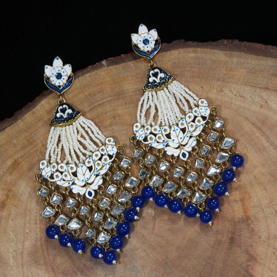 Jewellery I Jewels | Women'S Gold Plated Ethnic Meenakri Dangler Earrings Studded With Kundan - I Jewels Blue