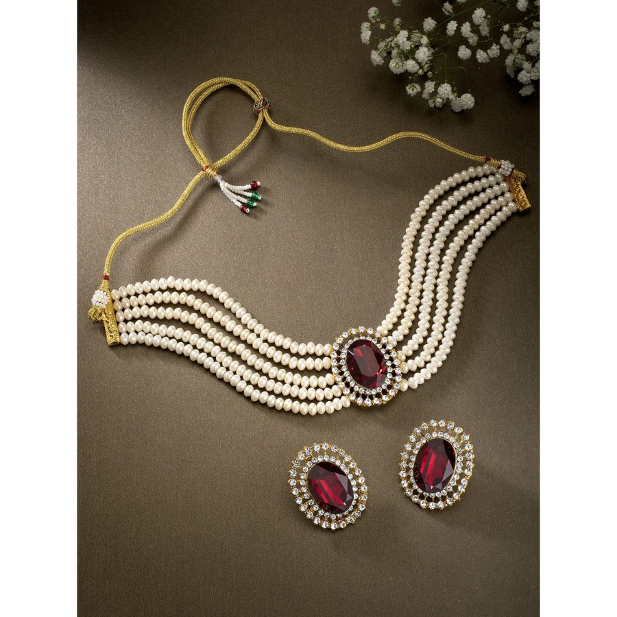 Jewellery I Jewels | Women'S Gold Plated Traditional Green Stone Studded Pearl Choker Necklace Jewellery Set - I Jewels Maroon