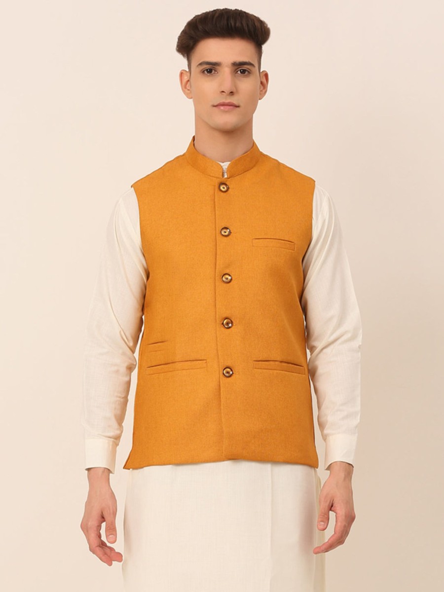 Men Virat Fashions | Men'S Mustard Solid Woven Sleeveless Nehru Jackets ( Jowc 4046 Mustard ) - Virat Fashions