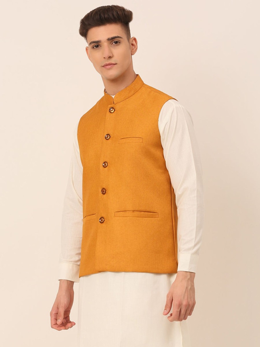 Men Virat Fashions | Men'S Mustard Solid Woven Sleeveless Nehru Jackets ( Jowc 4046 Mustard ) - Virat Fashions