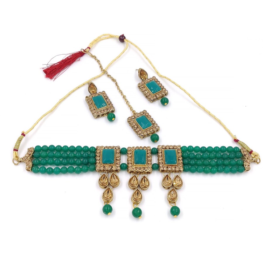 Jewellery Zaffre Collections | Women'S Multistrand Dark Beads And Stones Traditional Choker Necklace U0026 Maang Tikka - Zaffre Collections Green