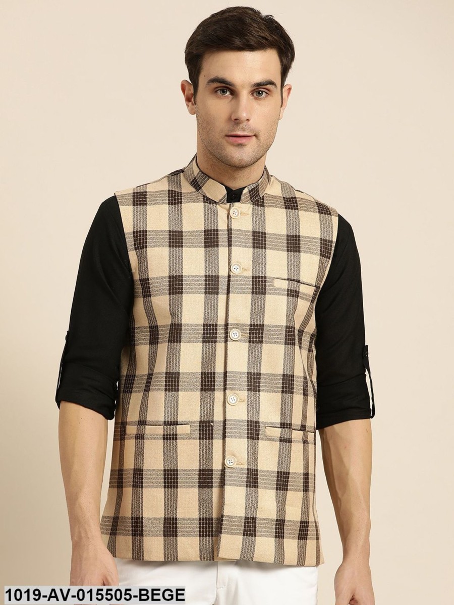 Men Sojanya | Men'S Cotton Blend Beige U0026 Brown Checked Nehru Jacket - Sojanya