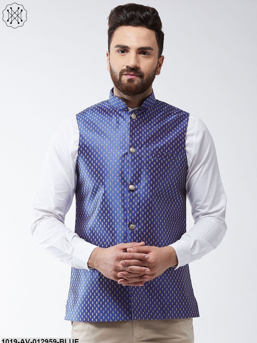 Men Sojanya | Men'S Silk Blend Royal Blue U0026 Gold Self Design Nehru Jacket - Sojanya