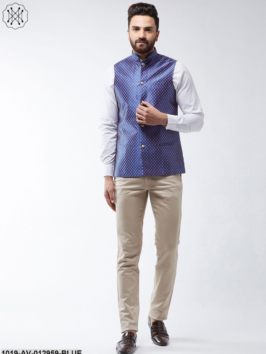 Men Sojanya | Men'S Silk Blend Royal Blue U0026 Gold Self Design Nehru Jacket - Sojanya