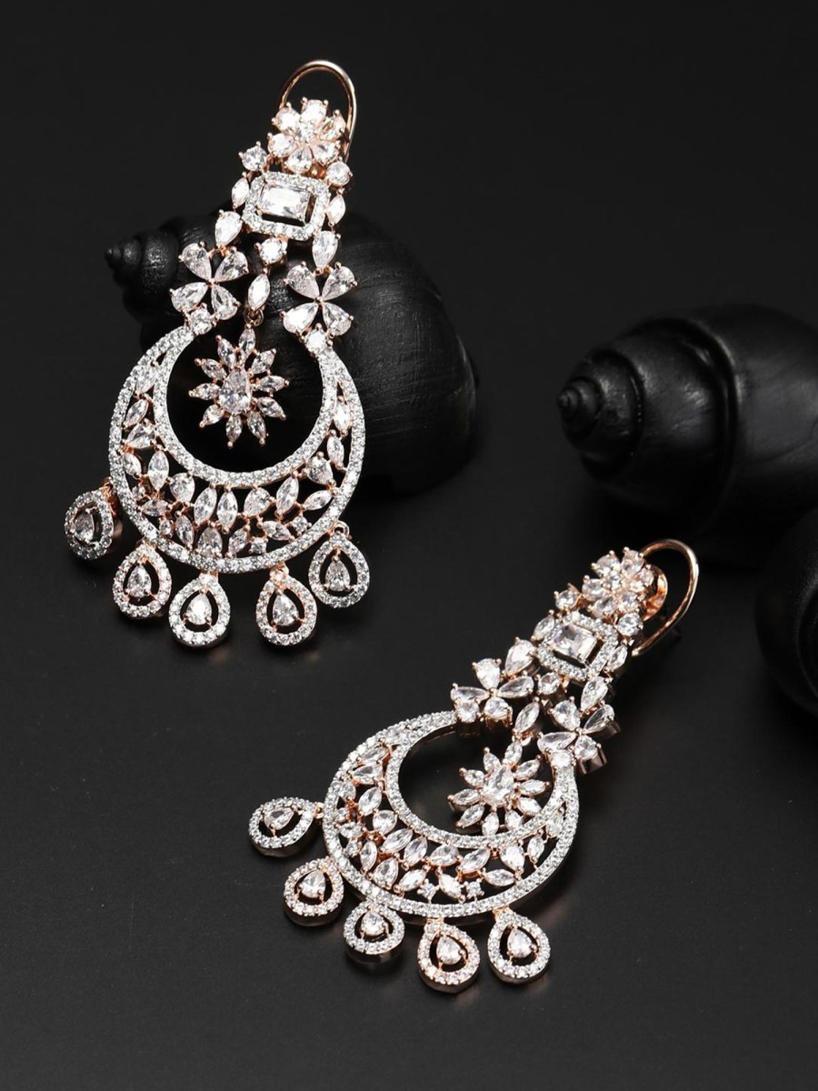 Jewellery Priyaasi | Women'S American Diamond Rose Gold Plated Crescent Drop Earring - Priyaasi