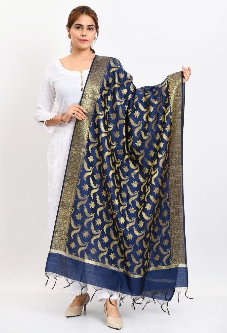 Women Moeza | Women'S Banarsi Silk Floral Woven Design Navy Dupatta - Moeza Blue