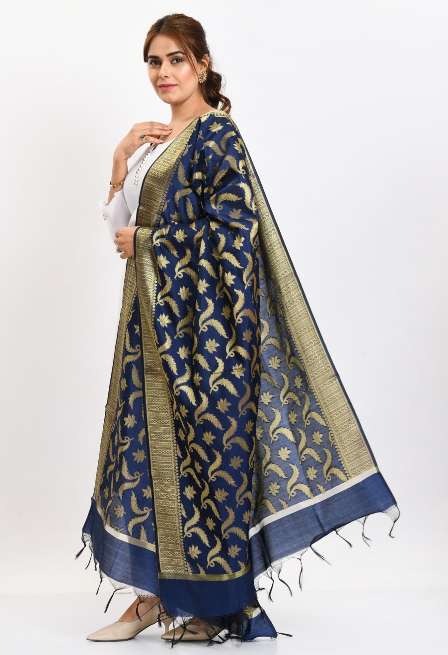 Women Moeza | Women'S Banarsi Silk Floral Woven Design Navy Dupatta - Moeza Blue