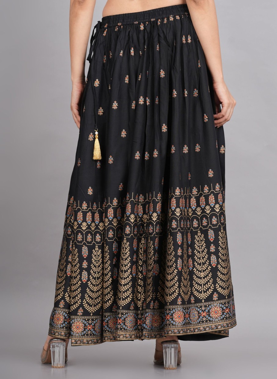 Women House of RP | Women'S U0026 Golden Rayon Ethnic Printed Circular Skirt - House Of Rp Black