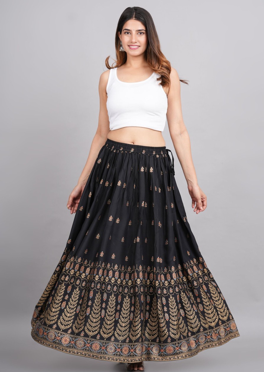 Women House of RP | Women'S U0026 Golden Rayon Ethnic Printed Circular Skirt - House Of Rp Black