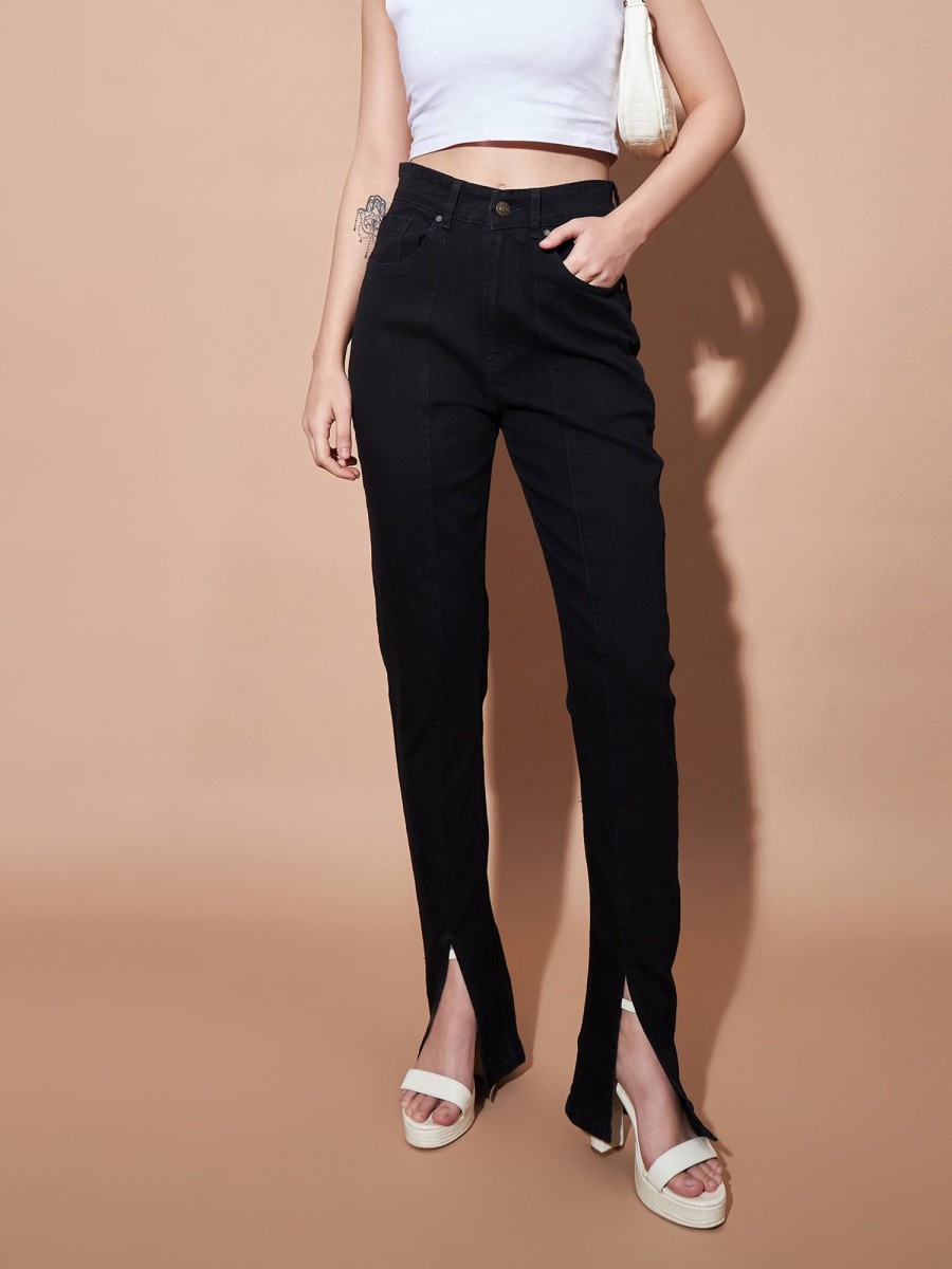 Women Lyush | Women'S Black Mid Rise Skinny Fit Slit Jeans - Lyush