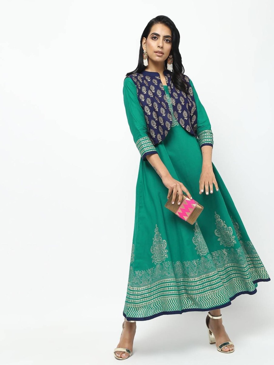 Women CHEERA | Women'S Kalidar Anarkali With Contrast Jacket On Foil Print Design Kurta Only - Cheera Green