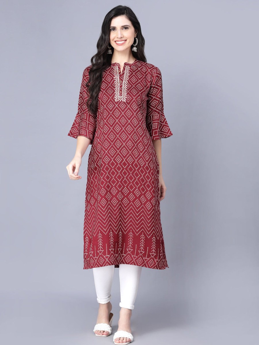 Women Myshka | Women'S Silk Printed 3/4 Sleeve Round Women Kurta - Myshka Maroon