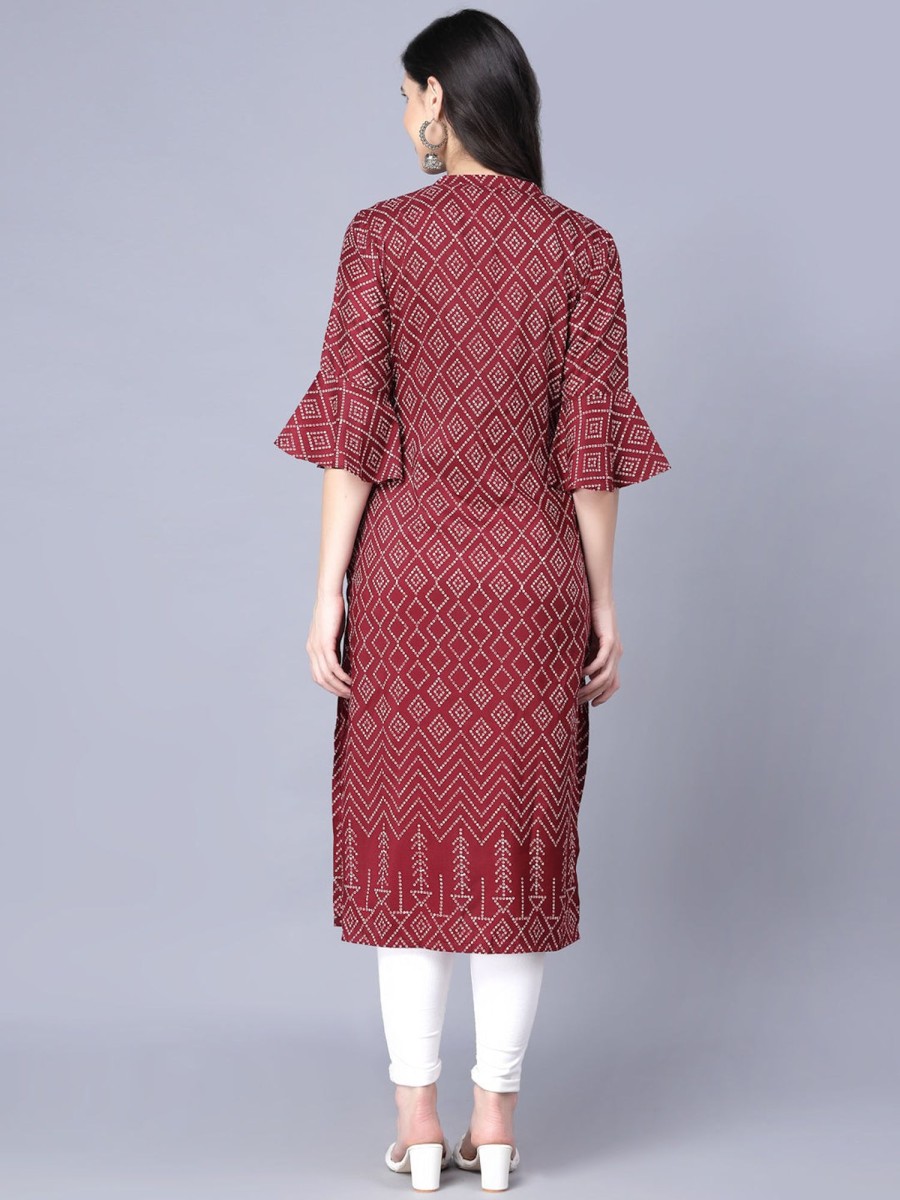 Women Myshka | Women'S Silk Printed 3/4 Sleeve Round Women Kurta - Myshka Maroon