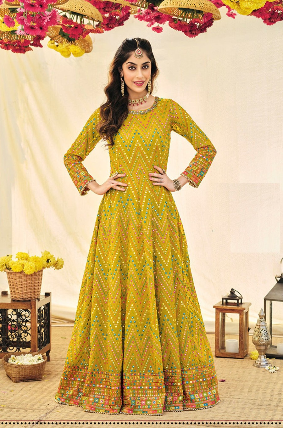 Women Monjolika | Women'S Mustard Color Georgette Heavy Work Full Length Anarkali Suit - Monjolika