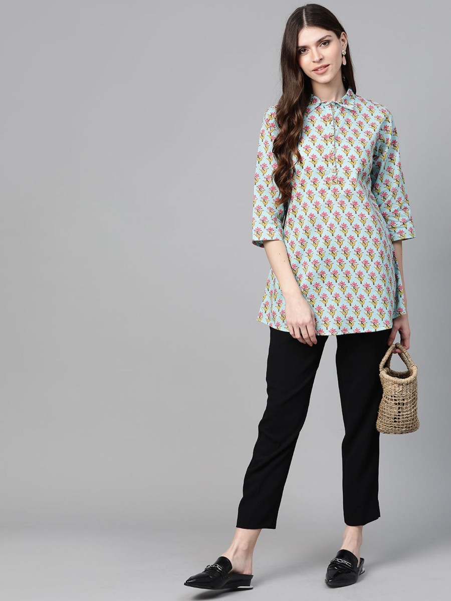 Women Bhama Couture USA | Blue U0026 Pink Floral Print Shirt Tunic - Bhama Couture Usa