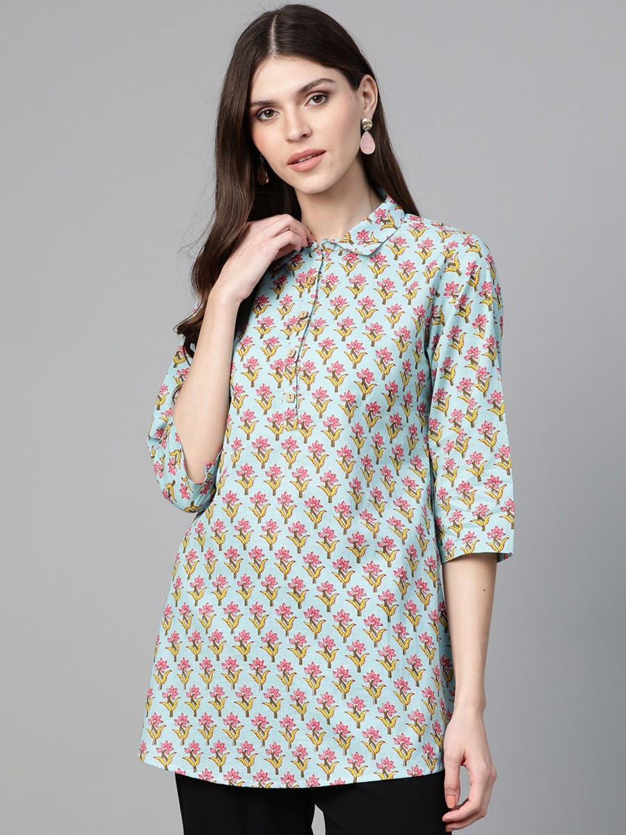 Women Bhama Couture USA | Blue U0026 Pink Floral Print Shirt Tunic - Bhama Couture Usa