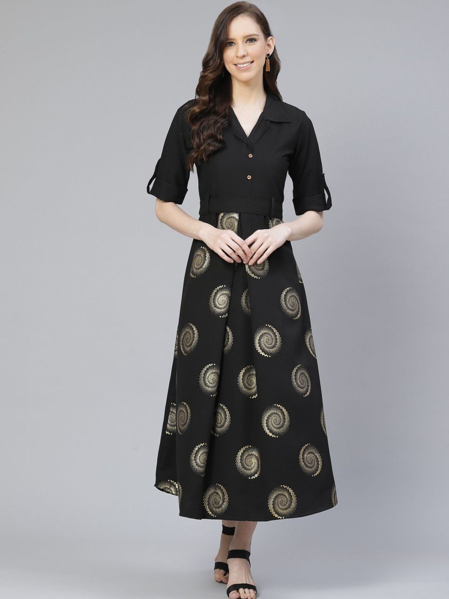 Women Final Clearance Sale | Women'S Poly Rayon Foil Printed Flared Dress - Final Clearance Sale Black