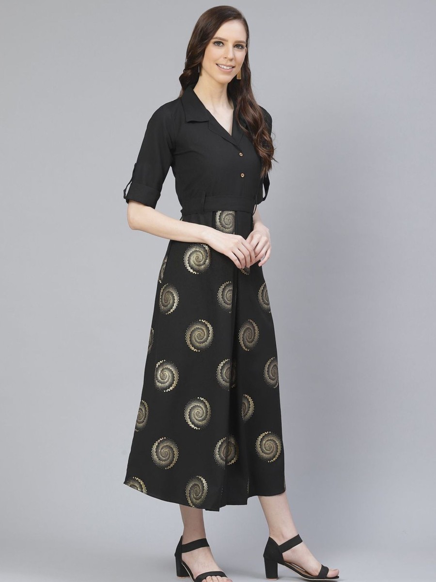 Women Final Clearance Sale | Women'S Poly Rayon Foil Printed Flared Dress - Final Clearance Sale Black