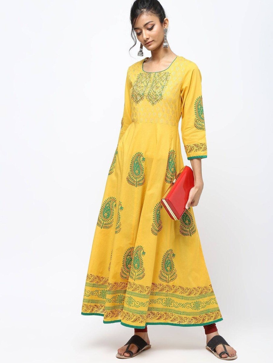 Women CHEERA | Women'S Murtard Kalidar Anarkali With Colorful Print Kurta - Cheera Mustard