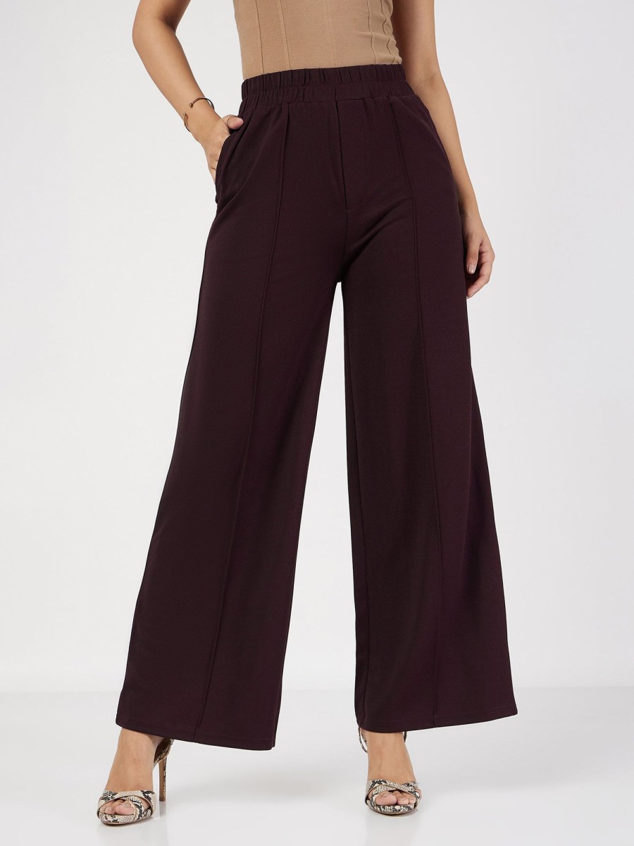 Women Lyush | Women'S Burgundy Front Dart Palazzo Pants - Lyush