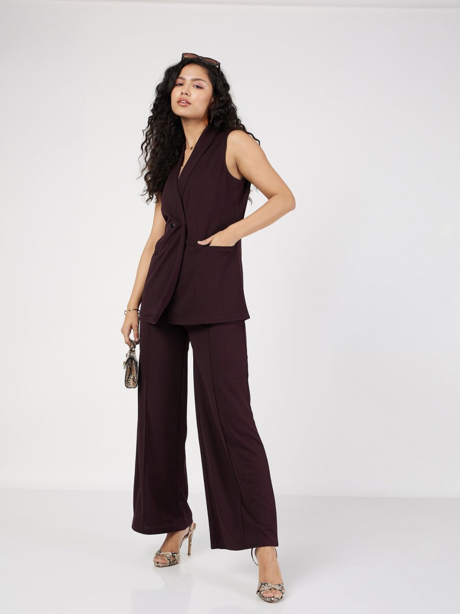 Women Lyush | Women'S Burgundy Front Dart Palazzo Pants - Lyush