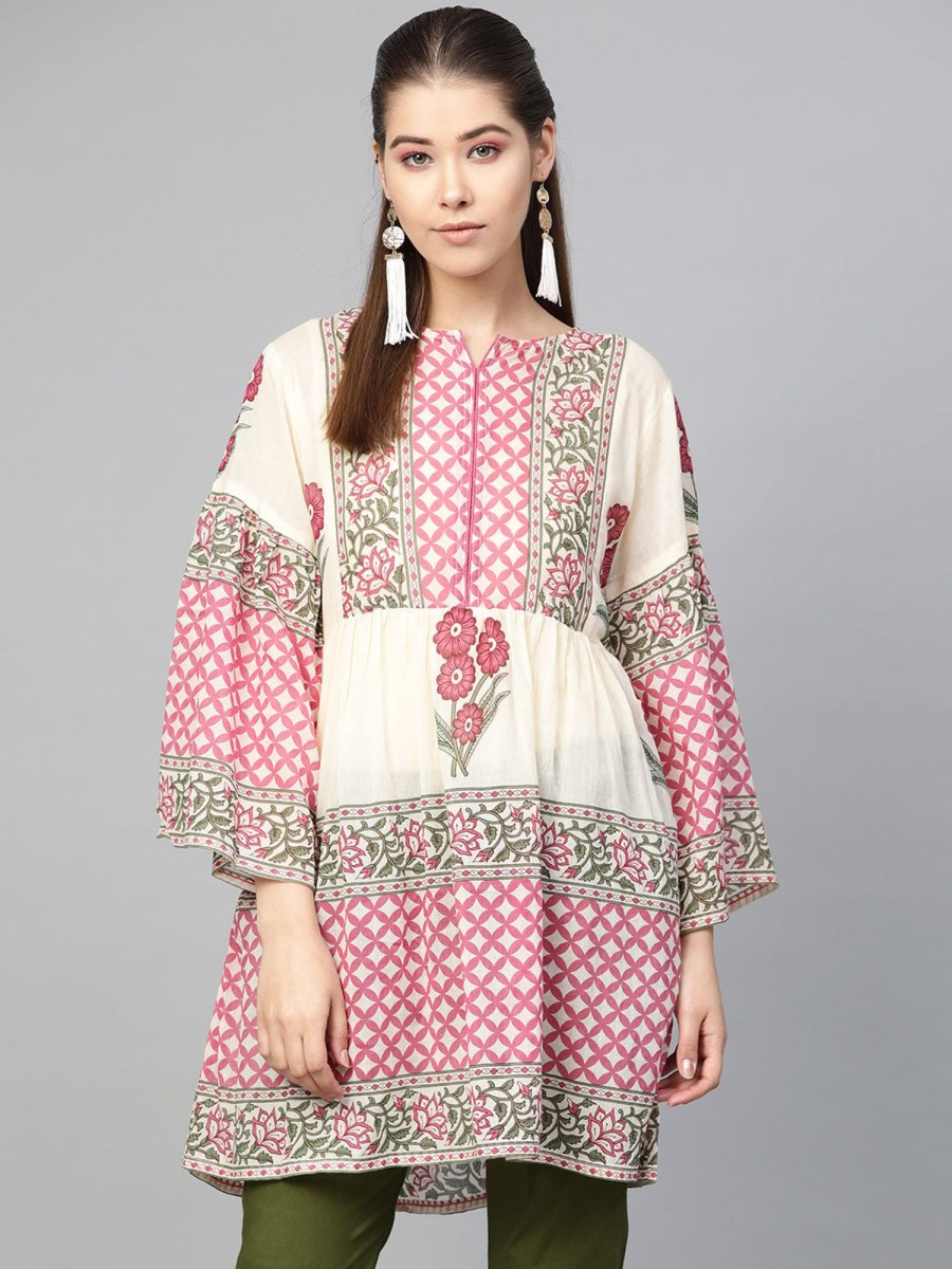 Women Bhama Couture USA | Beige U0026 Pink Printed Tunic - Bhama Couture Usa