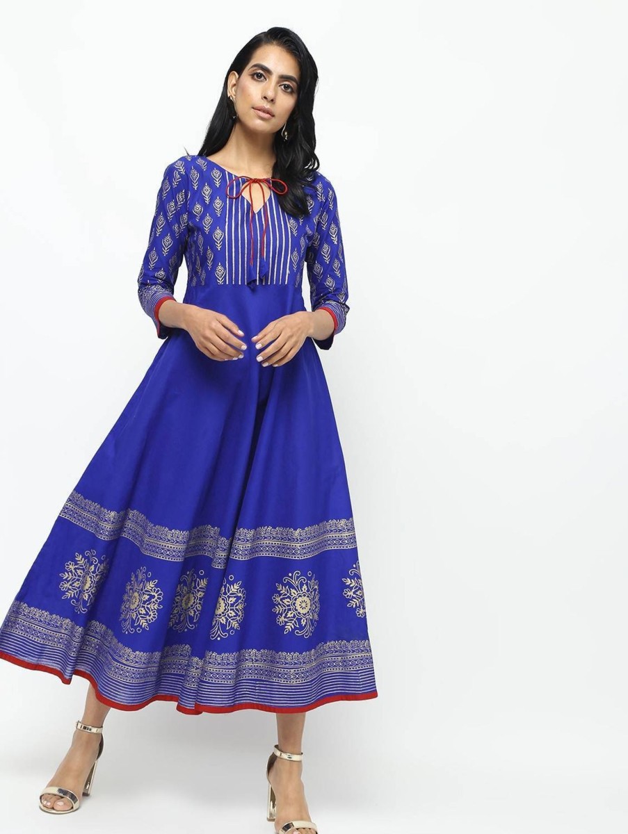 Women CHEERA | Women'S Royal Flared Block Printed Long Kurta Only - Cheera Blue