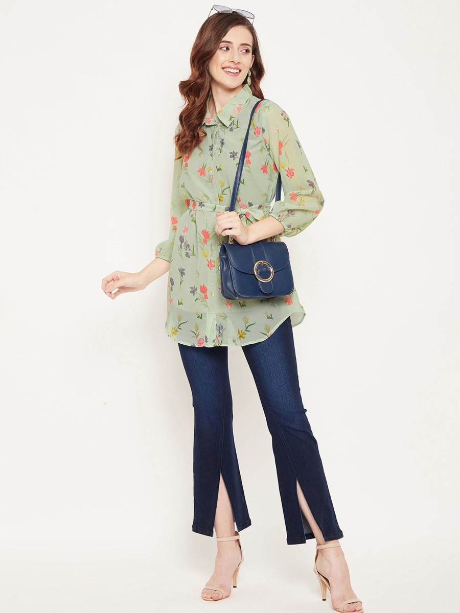 Women BitterLime | Women'S Pista And Pink Shirt Collar Floral Printed Tunic - Bitterlime Green