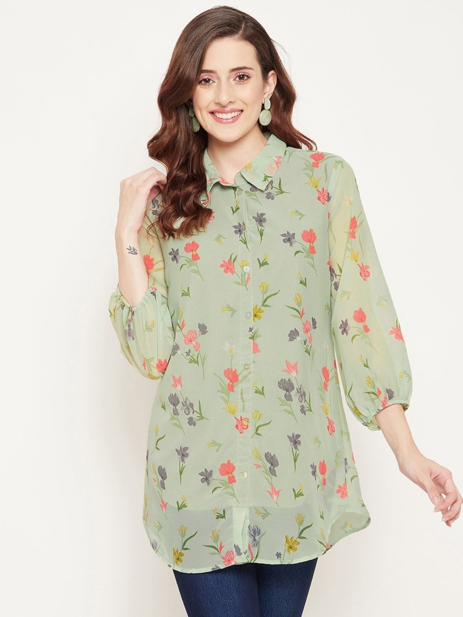 Women BitterLime | Women'S Pista And Pink Shirt Collar Floral Printed Tunic - Bitterlime Green