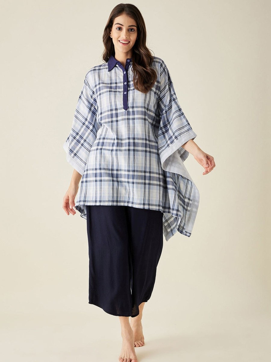 Women The Kaftan Company | And Blue Checks Lounge Set - The Kaftan Company White