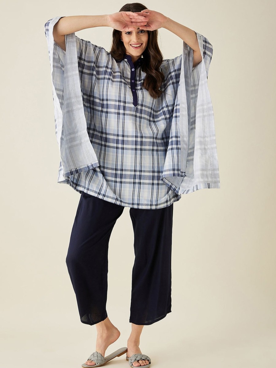 Women The Kaftan Company | And Blue Checks Lounge Set - The Kaftan Company White