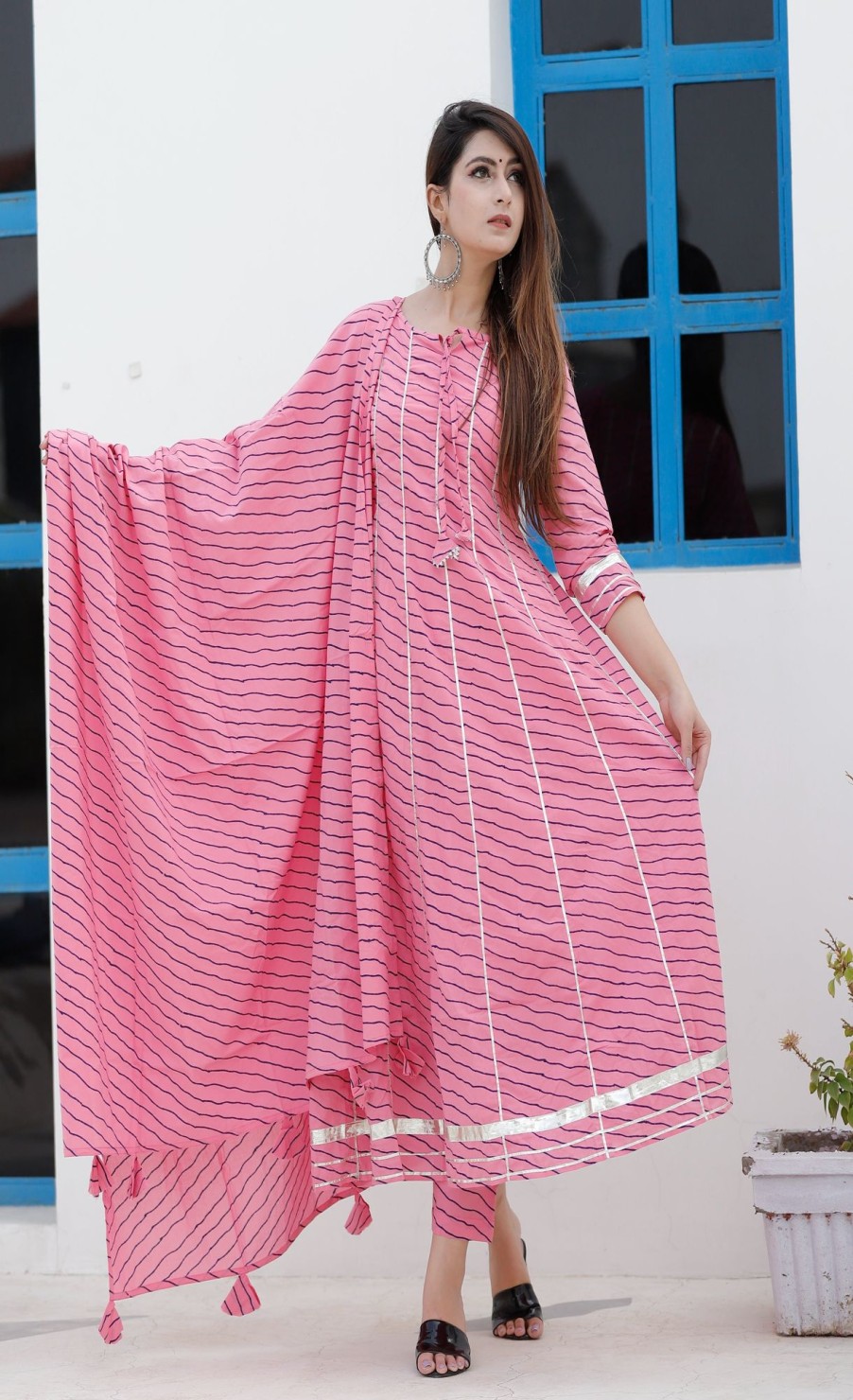 Women Geeta Fashion | Women'S Rose Leheriya Anarkali Kurta Pant Set - Geeta Fashion Pink