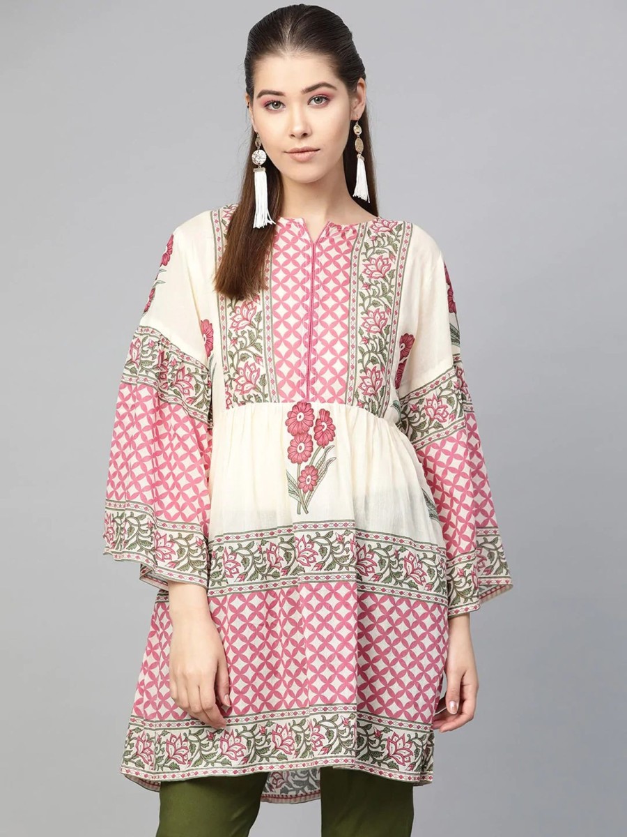 Women Wahe-NOOR | Women'S Beige U0026 Pink Printed Tunic - Wahe-Noor