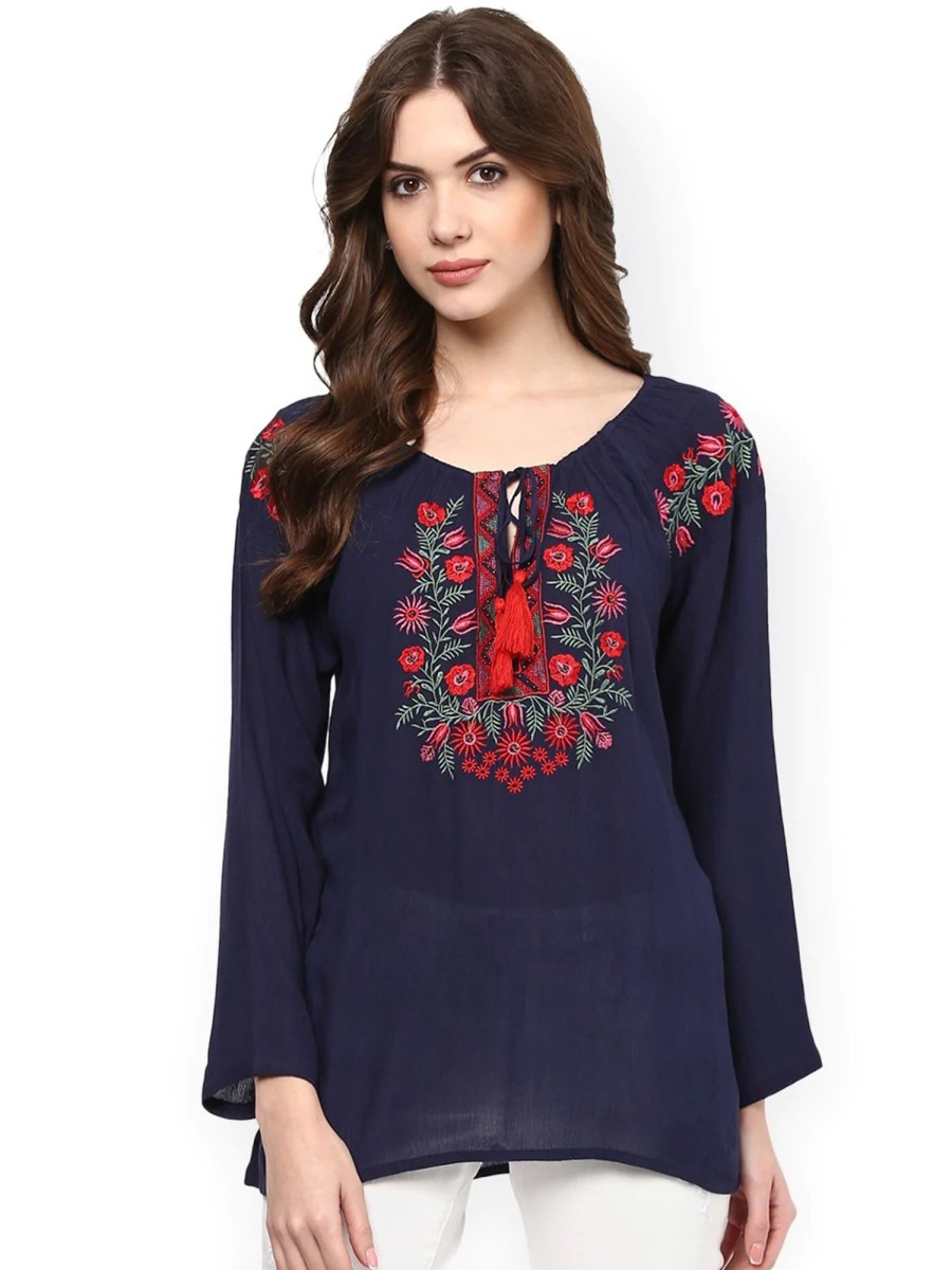 Women Wahe-NOOR | Women'S Navy Blue Embroidered Semi-Sheer Top1 - Wahe-Noor