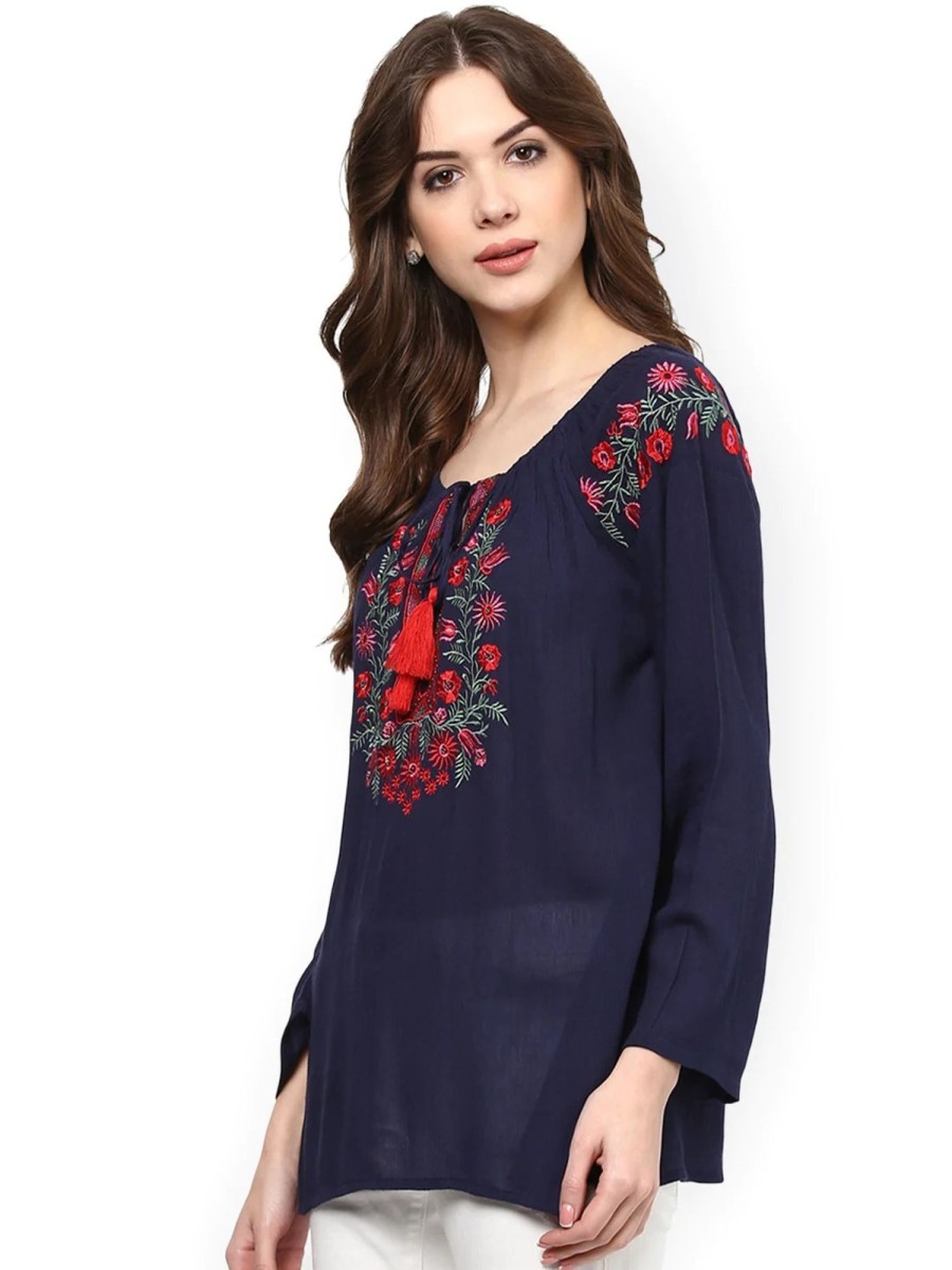 Women Wahe-NOOR | Women'S Navy Blue Embroidered Semi-Sheer Top1 - Wahe-Noor