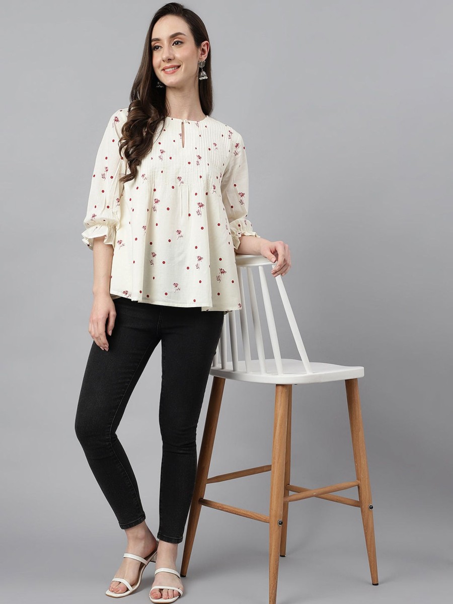 Women Janasya | Women'S Botanical Print Cambric Cotton Tops - Janasya Off White