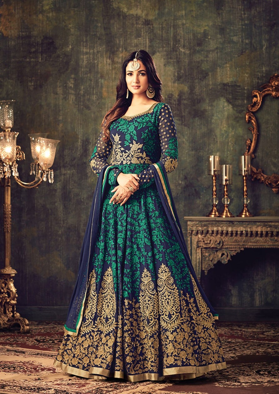 Women Monjolika | Women'S Navy Georgette Semi Stitched Embroidered Partywear Suit - Monjolika Blue