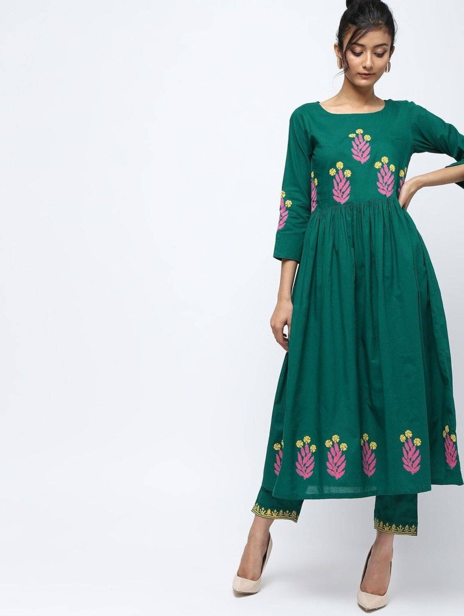 Women CHEERA | Women'S Green Pintuck A-Line Block Print Kurta Only - Cheera