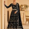 Women Monjolika | Women'S Color Georgette Embroidered Stitched Partywear Suit - Monjolika Black