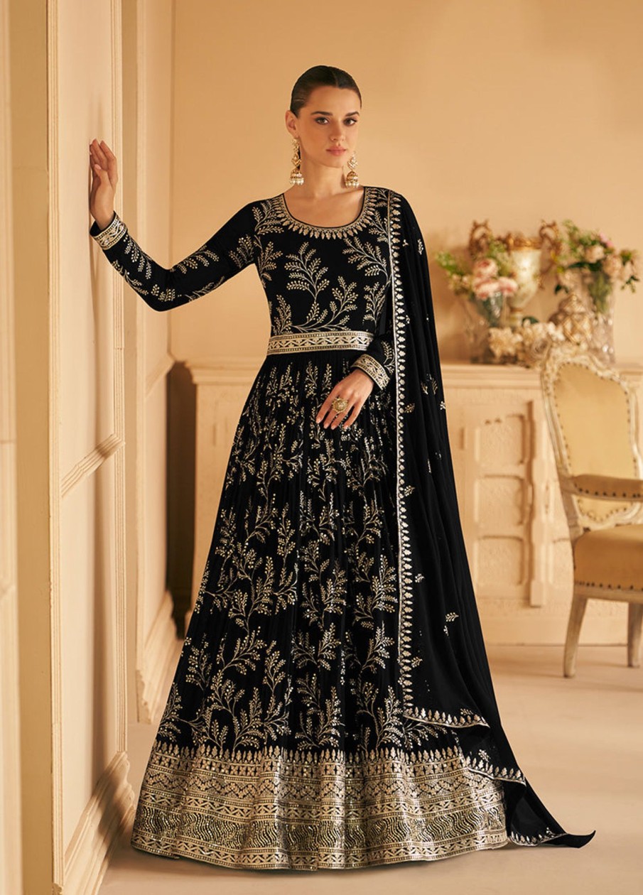 Women Monjolika | Women'S Color Georgette Embroidered Stitched Partywear Suit - Monjolika Black