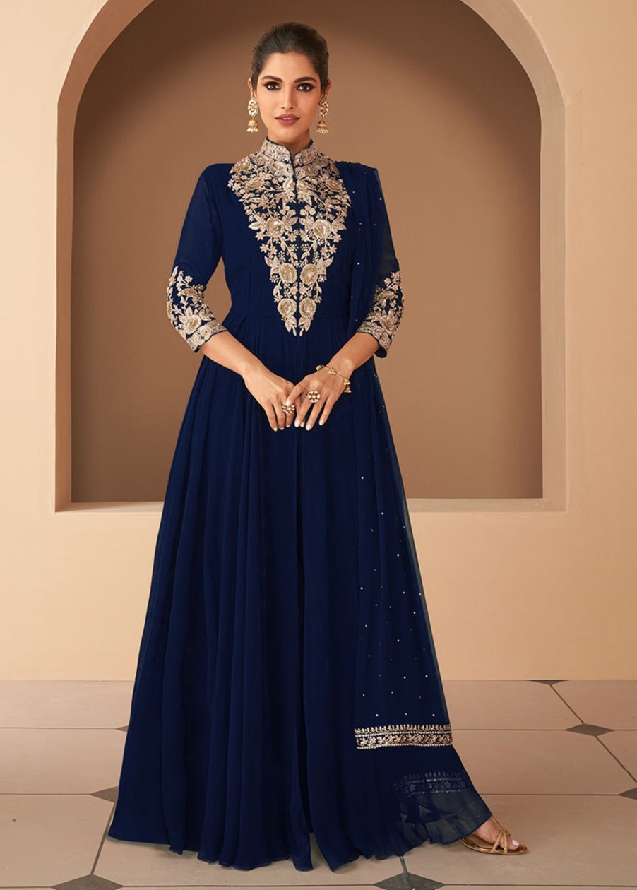 Women Monjolika | Women'S Navy Georgette Semi Stitched Embroidered Designer Suit - Monjolika Blue